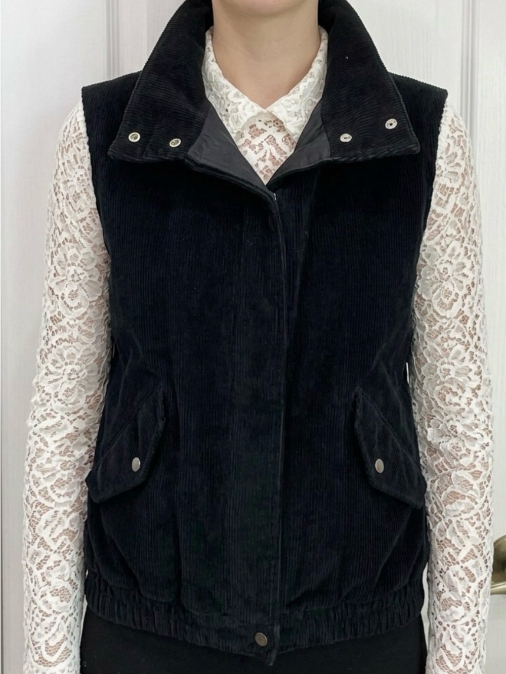 Vintage 100% Cotton Black Corduroy Snap-Front Vest - Women's